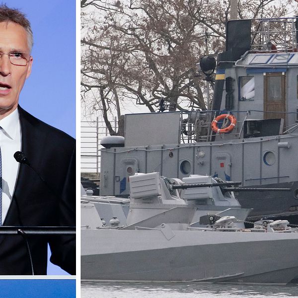 Jens Stoltenberg. Ryskt militärfartyg kränger ett ukrainskt militärfartyg.