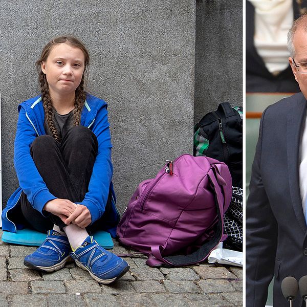 På bilden syns Greta Thunberg, 15, och Australiens premiärminister Scott Morrison.