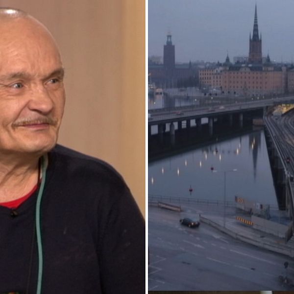 Micke Adermalm i Morgonstudion. Till höger tunnelbanebron mellan Slussen och Gamla stan i Stockholm.