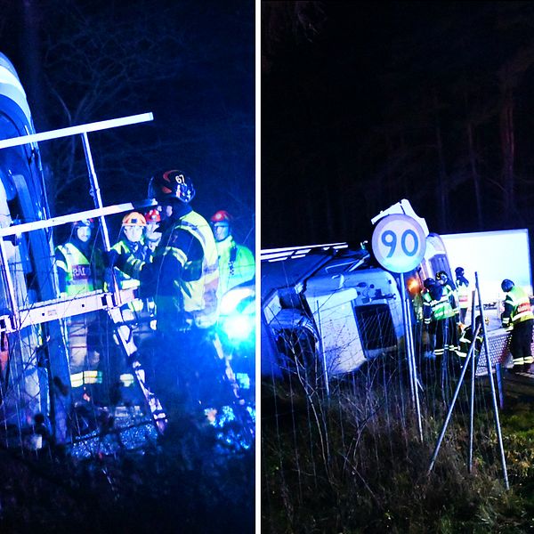 Räddningstjänst på plats på E22, utanför Bromölla, där olyckan inträffade natten mot tisdag