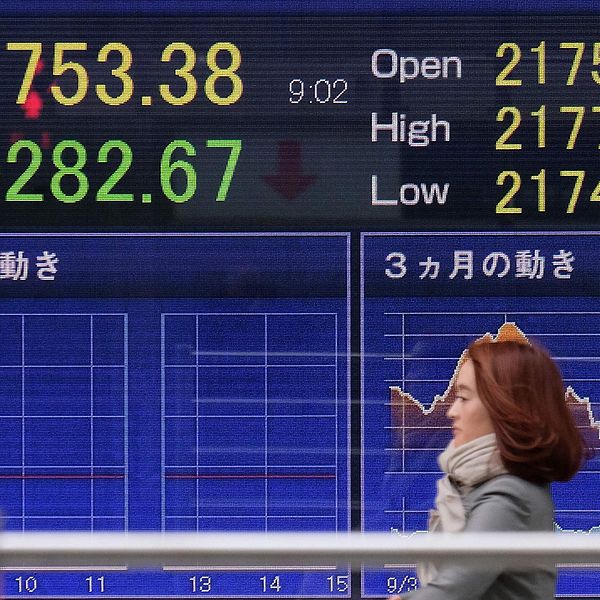 En kvinna passerar förbi en tavla med siffror från Tokyobörsen.