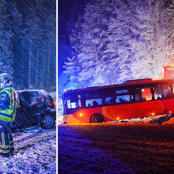Två olyckor till följd av snö och halka under söndaskvällen – en bil av vägen mellan Avesta och Sala samt en linjebuss i diket utanför Linköping.