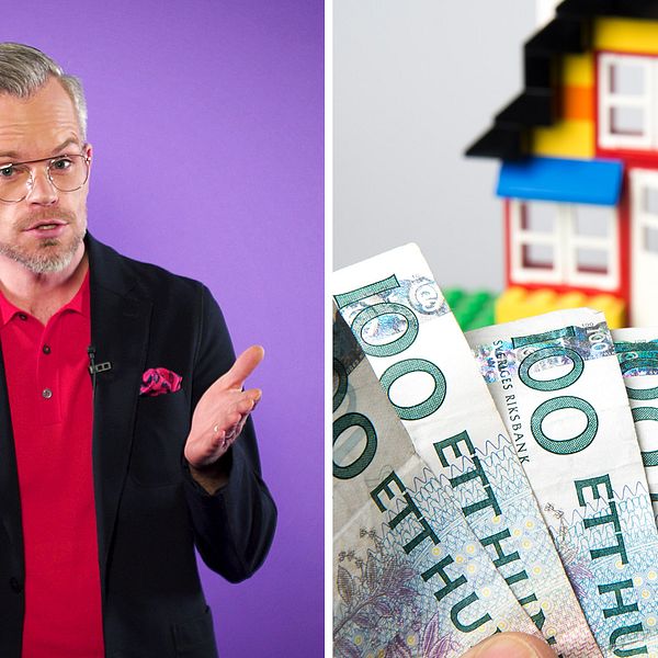 Bild på SVT:s reporter Alexander Norén som iklädd kavaj och röd tröja håller ut armarna och bild på en hög med pengar.