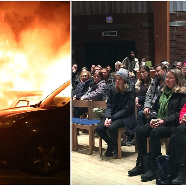 bild på brinnande bilar, samt personer sittande i samlingslokal