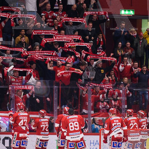 Timrås spelare jublar mot supportrar efter ishockeymatchen i SHL mellan Timrå och Brynäs.