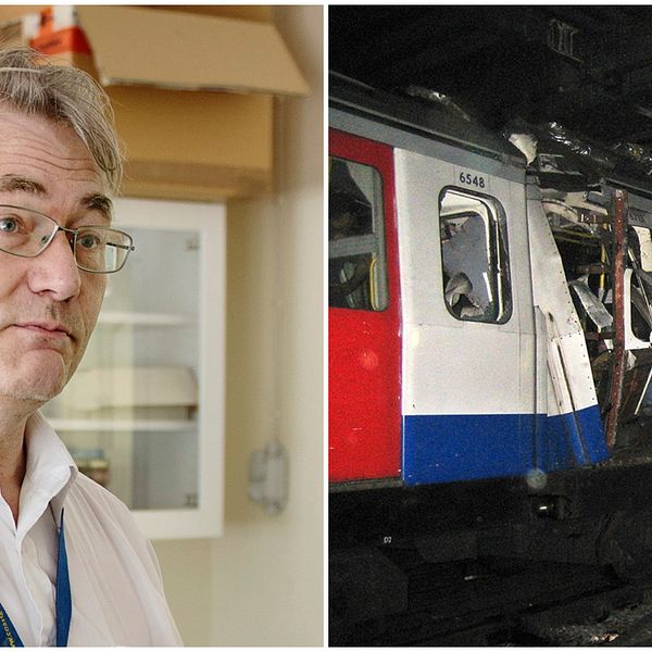 Henric Östmark, forskningschef på, FOI, samt en söndersprängd tunnelbanevagn i London efter terrordåden den 7 juli 2005.