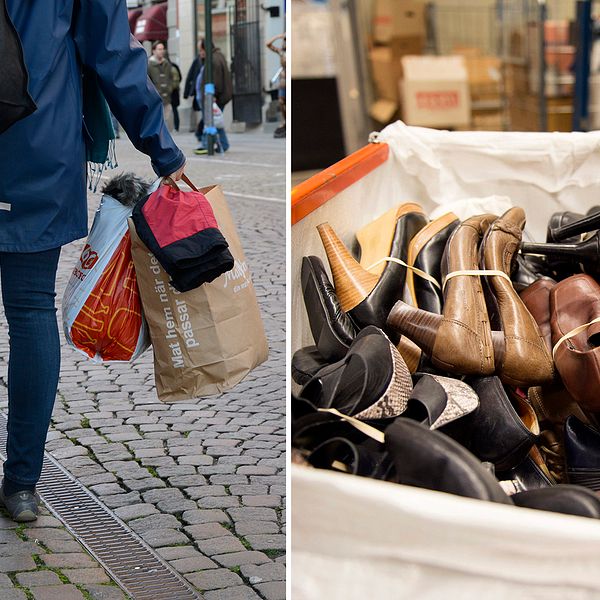 En kvinna går med kläder till insamlingen samt en massa skor i en behållare.