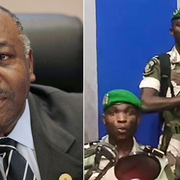 Gabons president Ali Bongo och soldater i den statliga radio-stationens studio.