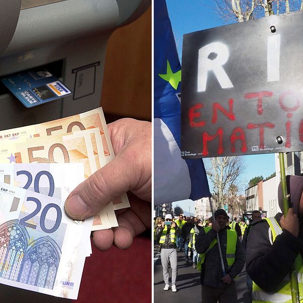 Eurosedlar i en bankomat och demonstranter vid ett tidigare tillfälle i sydfranska Perpignan