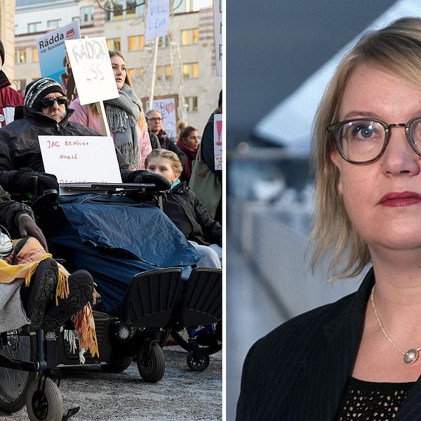 Demonstrationer 206 mot nedskärningar av personlig assistans och SVT:s reporter Marja Grill.