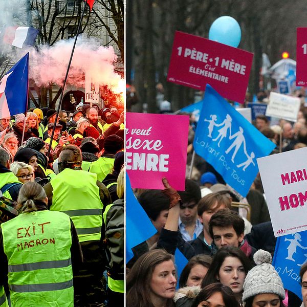 Gula västar i Paris och demonstranter i Manif pour tous 2013