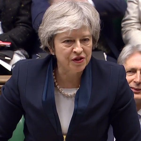 Storbritanniens premiärminister Theresa May talar i parlamentet före omröstningen om brexitavtalet.