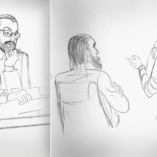 Åklagare Per Lindqvists med glasögon syns till vänster när han frågar ut de män som misstänks ha förberett terrordåd i Sverige som syns till höger.