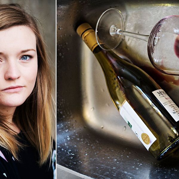 Isabelle Benfalk, 23, förbundsordförande för Ungdomens nykterhetsförbund samt en urdrucken vinflaska och vinglas som ligger i diskho