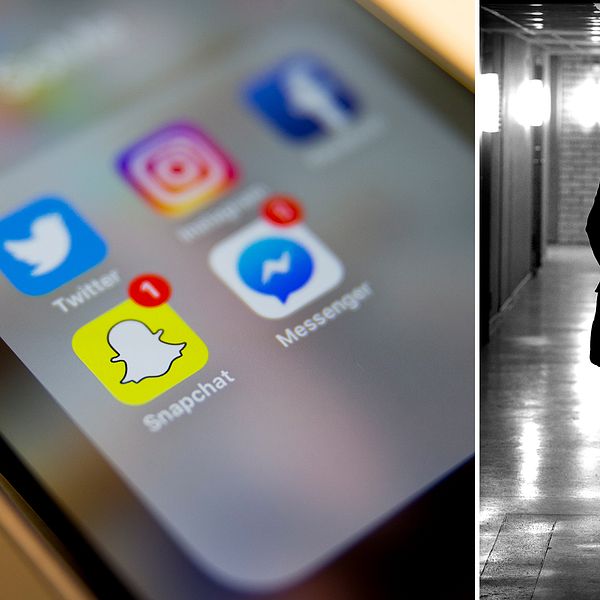 Den inhemska prostitutionen sker på vanliga sociala medier som Instagram, Snapchat och Kik samt i dejtingappar som Tinder. På bilden syns en telefon med appar som Snapchat och Instagram samt en kvinna.