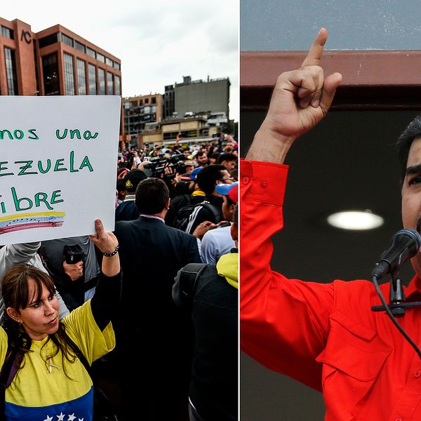 Protesterna hölls även i andra delar av Latinamerika. T.v protester i Colombia som också de riktade sig mot mot Venezuelas president Nicolas Maduro (t.h).