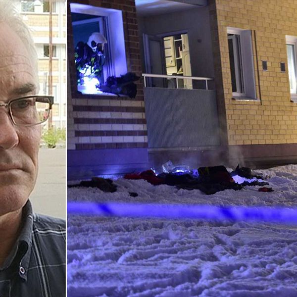 Porträtt på polisen Lars Liewenborg samt en bild på polis och räddningstjänst vid brandlägenheten.