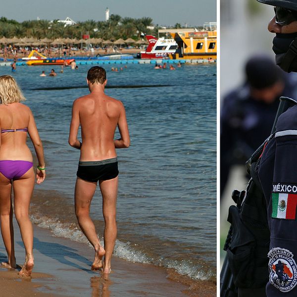 Turister på en strand i Egypten och en polis i Acapulco, Mekixo.