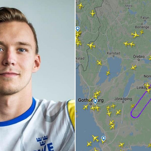 Isak Eliasson och en karta över flygets rutt