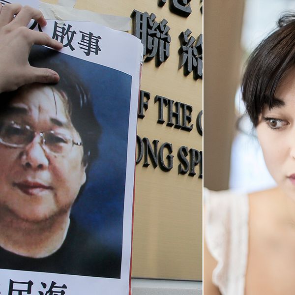 Den fängslade bokförläggaren Gui Minhais dotter Angela Gui (t.h) medverkade på mötet.