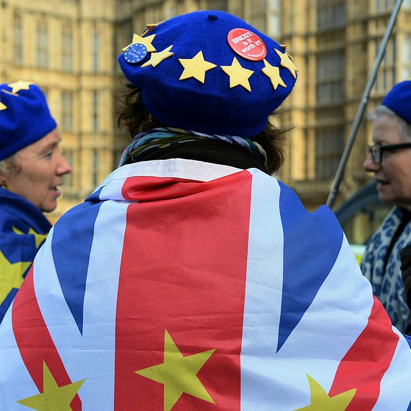 Brexitmotståndare viftar med flaggor utanför parlamentet i London.