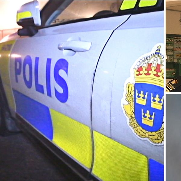 Polisbil samt bilder på polischef Patrik Isacsson och fältgruppens chef i Lund, Christian Stålros.