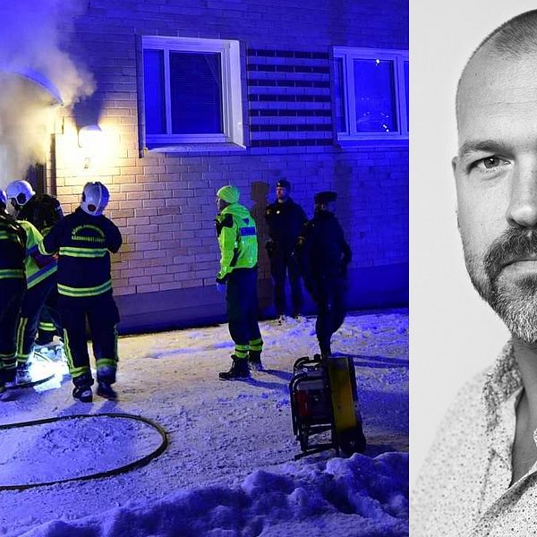 Räddningspersonal utanför det brinnande huset och en porträttbild Henrik Hägglund.