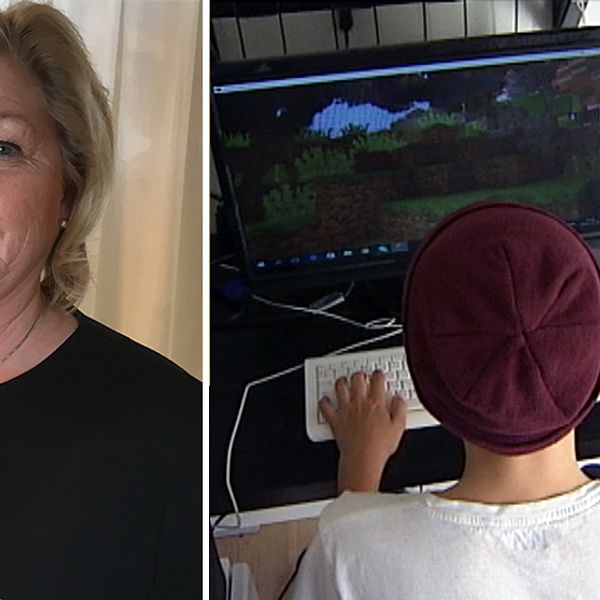 porträtt på en medelålders kvinna, och bild bakifrån på barn som spelar på datorn