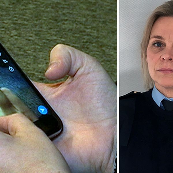 porträttbild på en kvinna i poliskläder, samt närbild på händer som använder mobil