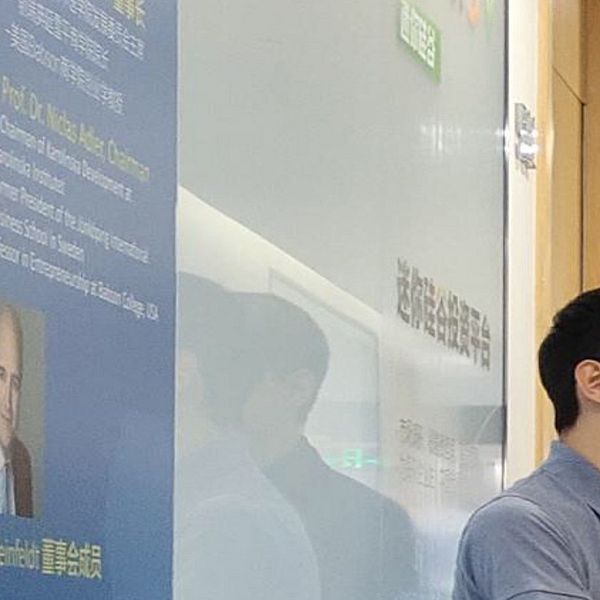 På en vägg i Kevin Lius bolag MiniSV i Nanjing i Kina finns en bild av Fredrik Reinfeldt som har arbetat som konsult i Niclas Adlers bolag NGT.