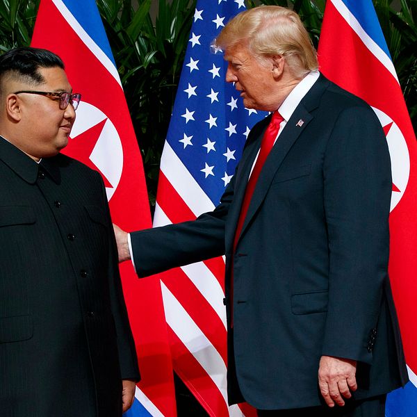 Nordkoreas ledare Kim Jong-Un och USA:s president Donald Trump på det historiska toppmötet i Singapore 12 juni 2018.