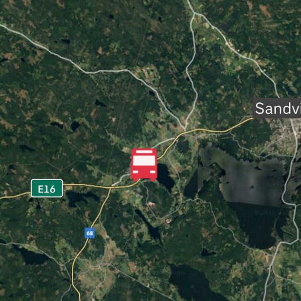 Karta över vilken sträcka bussen körde. E16 utsatt på kartan, samt Hofors och Sandviken.