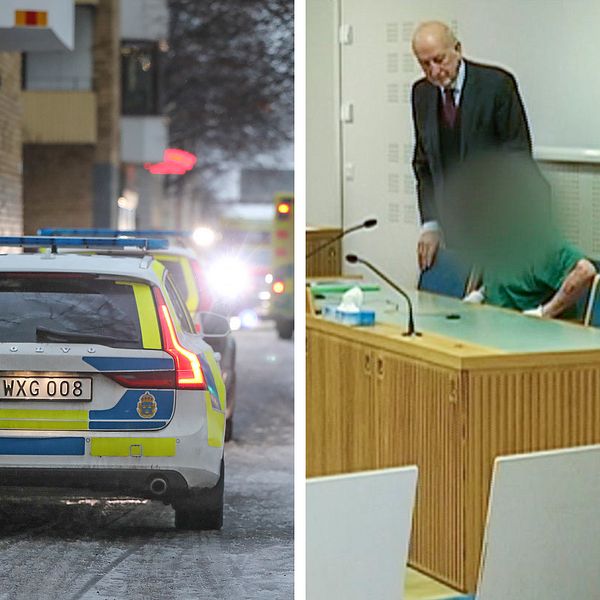 Arkivbild från polisinsatsen i samband med att kvinnan hittades skadad, och en bild på den misstänkte maken i rättssalen.