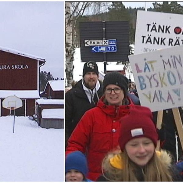 Djura skola, sida vid sida med ett protesttåg med vuxna och barn i Leksand.