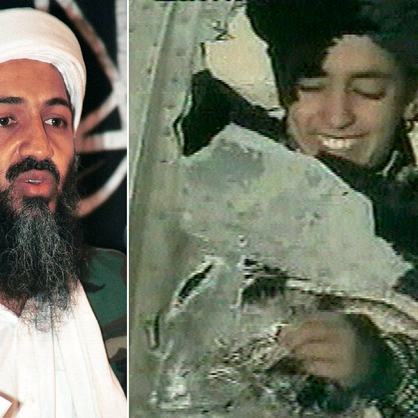 Till vänster Usama bin Ladin i Afghanistan 1998. Till höger sonen Hamza bin Ladin när han syntes i ett TV-inslag på Al Jazeera i november 2001. Sonen tros hålla i ett vrak från en amerikansk helikopter.