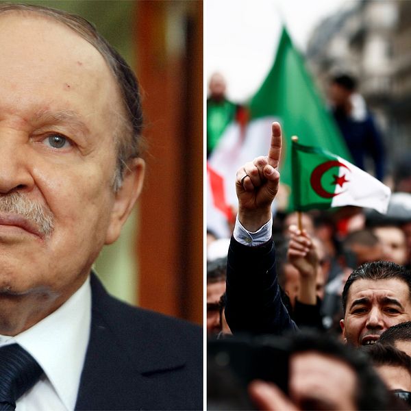 Arkivbild på Algeriets sittande president Abdelaziz Bouteflika och en bild på 2019-års protester.