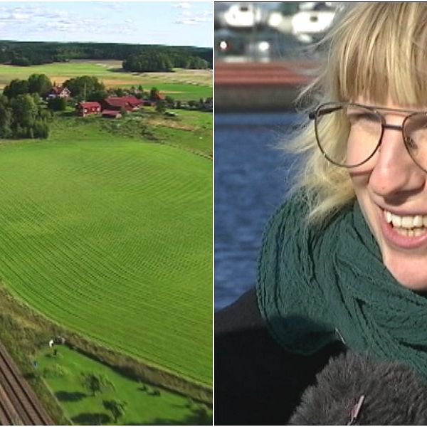 Ett tåg åker genom Sverige till vänster i bild, till höger syns Kristina Engdahl bli intervjuad av SVT:s reporter.