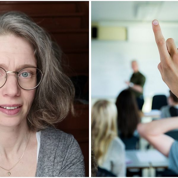 Två bilder. Sophia Malm och en hand uppsträckt i ett klassrum.