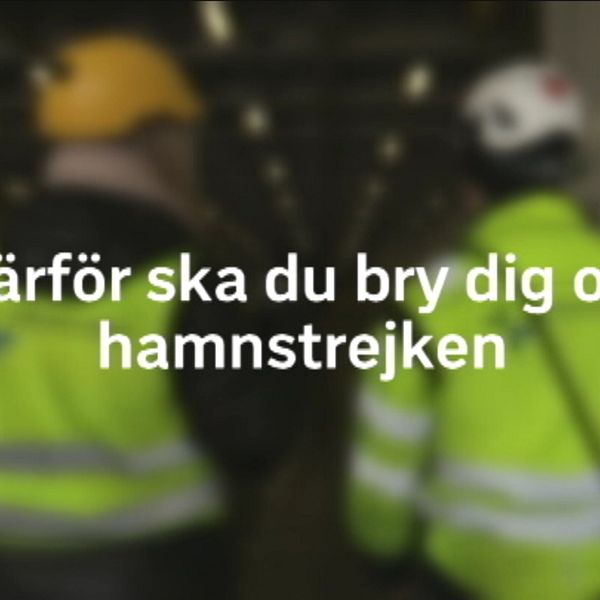 blurrig bild av två personer med arbetskläder, med texten ”Därför ska du bry dig om hamnstrejken”