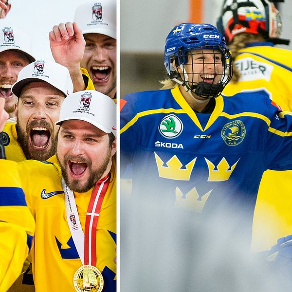 Vänster: Tre Kronor firar VM-guldet 2018. Höger: Damkronornas Nathalie Ferno och Sofie Lundin jublar.