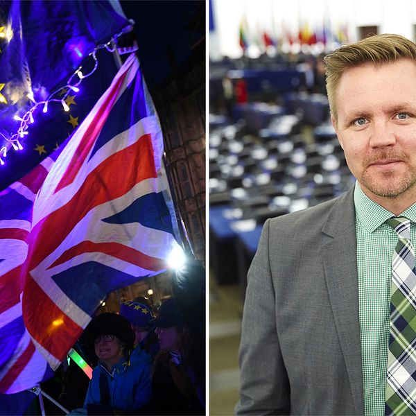 Bild på kvinnor som håller i en EU-flagga och Storbritanniens flagga samt bild på EU- parlamentsledamoten Fredrick Federley (C).