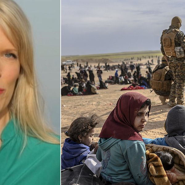 SVT:s Mellanösternkorrespondent Stina Blomgren. Till vänster: IS-medlemmars familjemedlemmar i lägret i byn Baghuz.