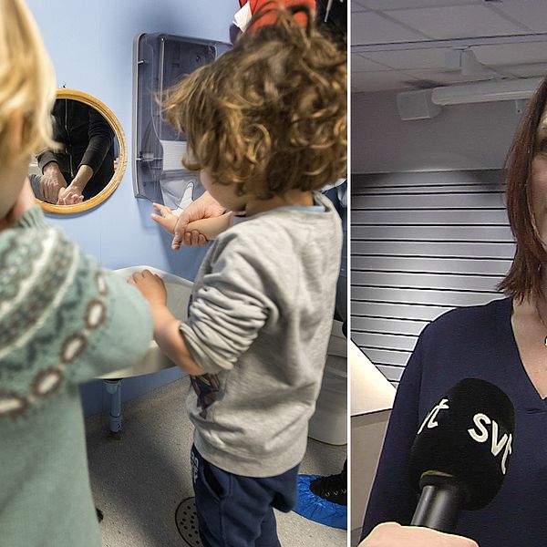 Barn på förskola tvättar händerna. Jessica Kjellén, förskolechef i Borås, intervjuas av SVT.