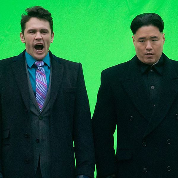 Skådespelaren James Franco under inspelningen tillsammans med skådespelaren som spelar Nordkoreas ledare Kim Jong-Un