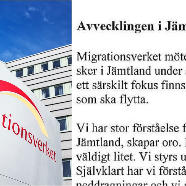 Bildmontage med en skylt för Migrationsverket och ett klipp ur brevet till kommunerna