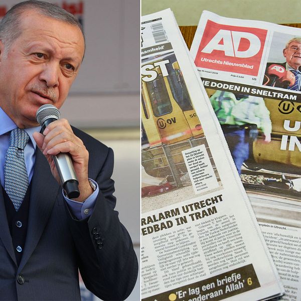 Turkiets president Recept Tayyip Erdogan. Till vänster: Framsidan av tisdagens tidningsupplagor.