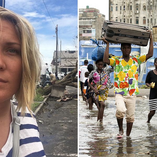 SVT:s utsända Liselott Lindström på plats i Beira i Moçambique. I samma stad bär invånare sina tillhörigheter efter att cyklonen Idai slagit hårt mot staden.