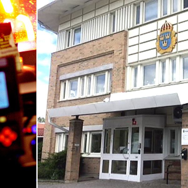 En delad bild där vänstersidan visar en taxameter och instrumentbräda i en taxibil. Högersidan visar fasaden på polisstationen i Nyköping.