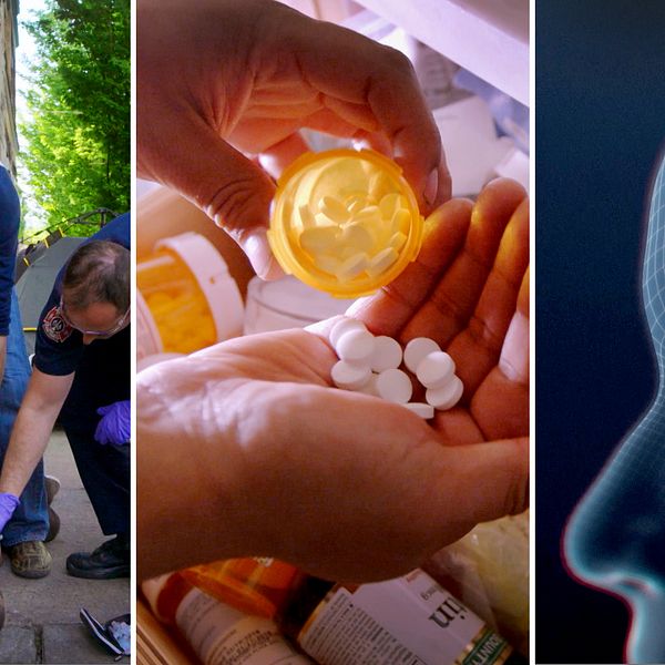 Tre bilder där den första är sjukvårdare som undersöker en person som tagit en överdos. Bild två är tabletter som hälls från burk till hand. Bild tre är en animerad bild av ett transparent huvud som även visar en hjärna.