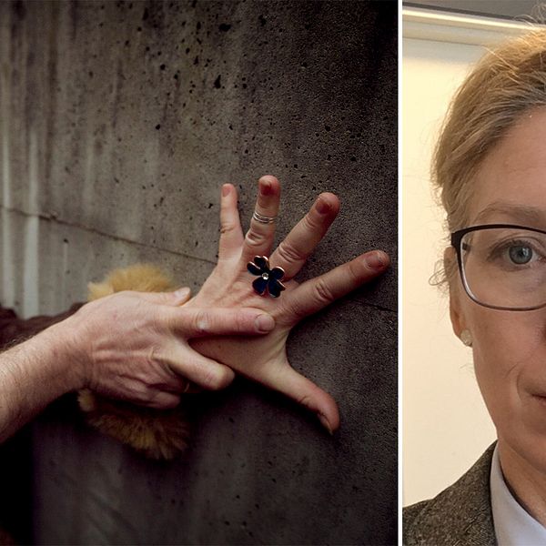 En kvinna hålls fast av en man och forskaren Sandra Friberg, docent i civilrätt vid Uppsala universitet.
